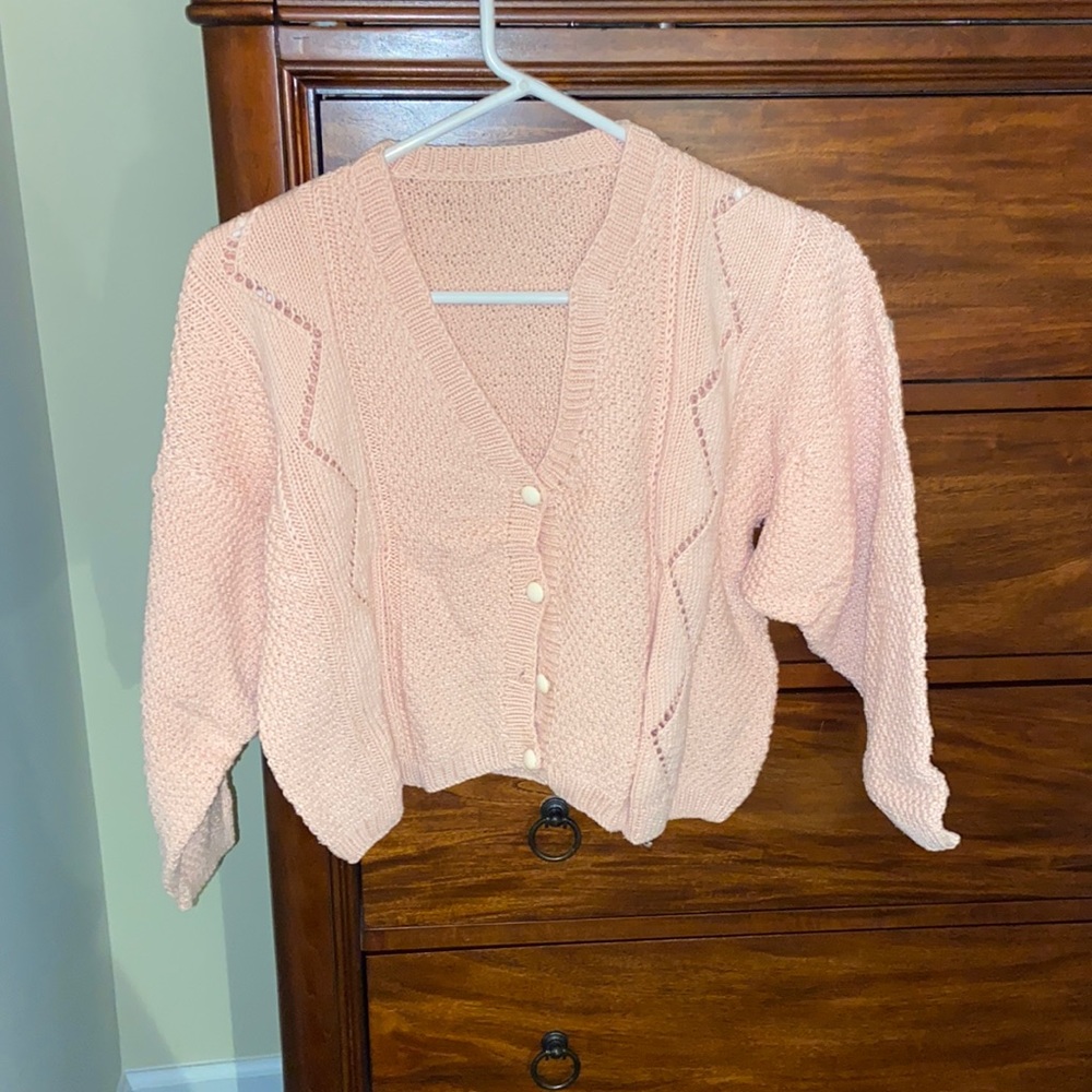 Hand knit Irish wool pink girls sweater